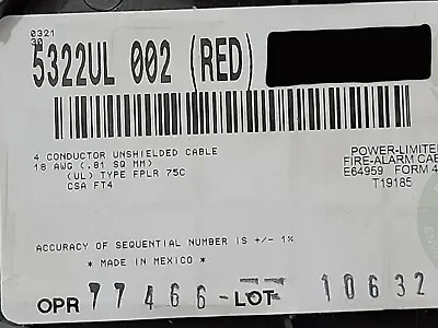 Belden Wire 5322UL 18/4C Solid N/S Riser Fire Alarm Cable FPLR Red /100ft • $39.99