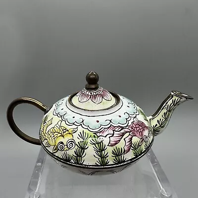 Vintage Miniature Enamel Copper Round Teapot Asian Sea Design Koi Fish Tea Pot • $11.58