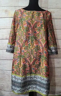 Loft Women's Border Paisley Satin Tunic Dress Size Small Petite Peach Green  • $21.99