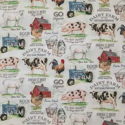 Dairy Farm Fabric Barn Animal Cow Rooster Pig Farmer Tractor Cotton Material • $11.99