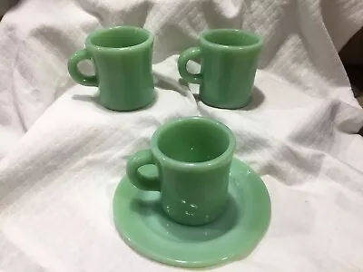 3 Vintage Fire King Jadeite C Handle Restaurant Coffee Cups Mugs Heavy & 1 Plate • $99.95