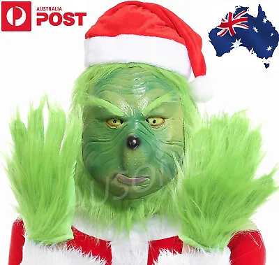 Xmas Party Christmas The Grinch Full Head Mask Xmas Hat Gloves Costume Cosplay • $9.49