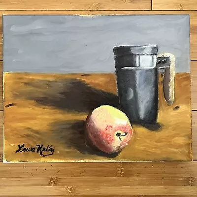 Original Oil On Canvas Still Life Painting Unframed Apple And Mug Signed • $13
