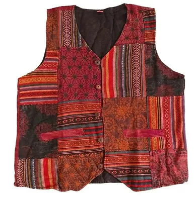 Mens Red Vest Patch Hippie Boho Festival Washed Handmade Ethnic Colourful Fun • £33.95