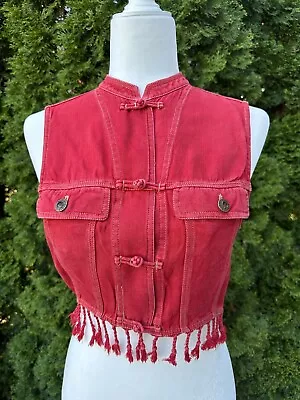 Vintage 90s C’est City Red Silk Cropped Vest With Tassels Size 6 Small • $24