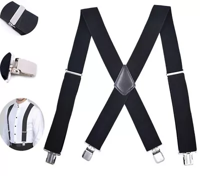 41.34x2'' Adjustable Braces Suspender Black 4 Clip X-shaped W/Leather Crosspatch • $5.95