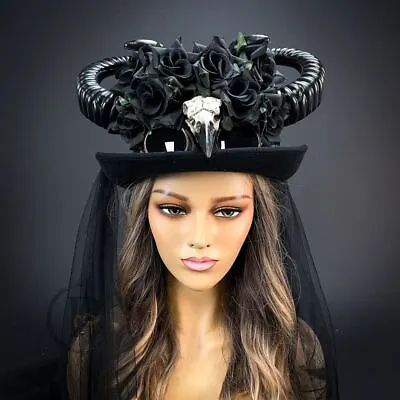 Ram Horns Steampunk Costume Hat Headpiece Black Rose Top Hat Plague Doctor Bird  • $50.11