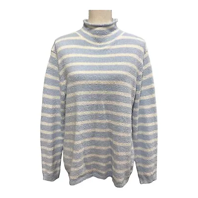 J Crew Womens M Striped Sweater Mock Neck Roll Cotton Light Blue White Nautical • $18.39