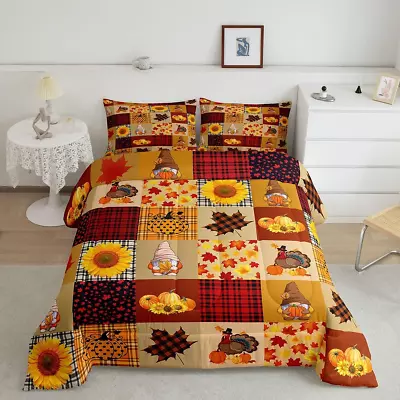 Vintage Fall Yellow Red Plaid Comforter Set King Size Pumpkin Maple Leaf Sunflow • $156.05