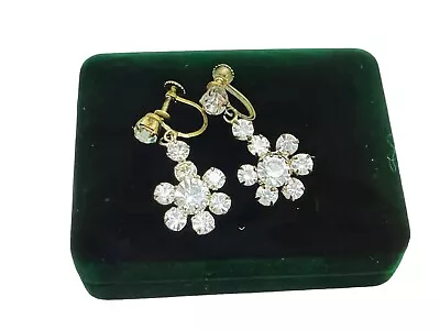 Vintage Earrings Austrian Crystal Gemstones Drop Dangle Brass Tone Screw Back • $19