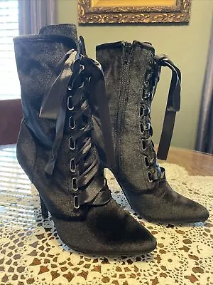 Mixx Shuz Black Velvet Heel Boots Sz 9 Lace Up Boots Gothic Sexy Boot • $48