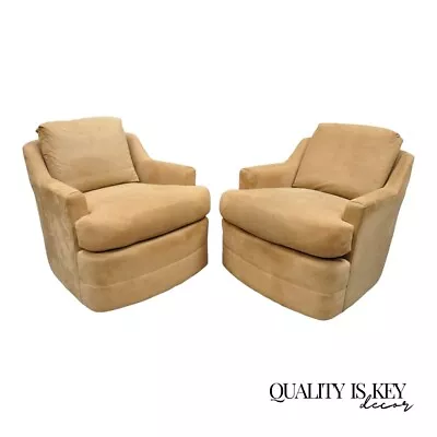 Vintage Mid Century Modern Swivel Brown Upholstered Lounge Club Chairs - A Pair • $1850