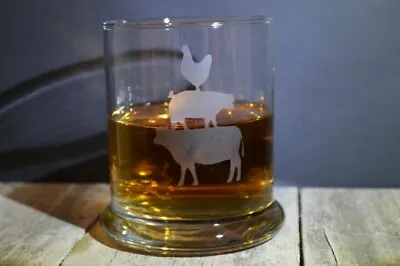 Etched Whiskey Glassware Cow Pig Chicken Great Gifts 12 Oz • $23