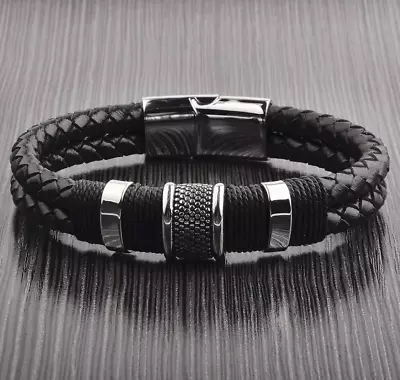 Black Men's Braided Leather Stainless Steel Cuff Bangle Bracelet Wristband • $7.39