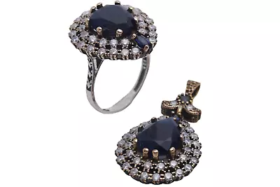 Turkish Jewelry  Drop Dark 925 Sterling Sapphire Pendant  Ring Size Options • $110