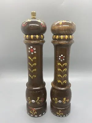 Vintage 7.5  Hand Painted Wood Wooden Salt Shaker & Pepper Mill Floral • $12