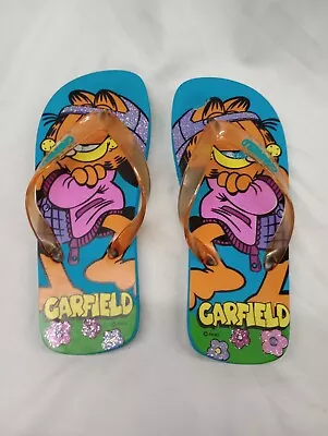 VTG Garfield Unisex Flip Flops Blue With Flowers Backwards Hat Paws 9  Long • $9.99