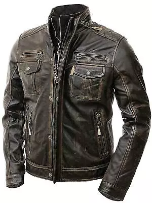 Retro Genuine Vintage Distressed Motorcycle Cafe Racer Leather Jacket For Men • $39.99