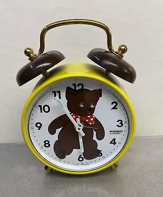 Vintage Blessing Bear Wind Up Metal Alarm Clock West Germany Moving Eyes Yellow • $27.95