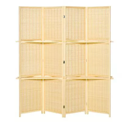 4 Folding Wall Panel Bamboo Room Divider 2 Display Shelves For Bedroom Office • $98.79