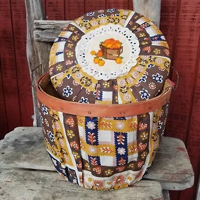 Vintage Bushel Basket Storage Fabric Cover W/Lid Handles Patchwork Embroidered  • $32