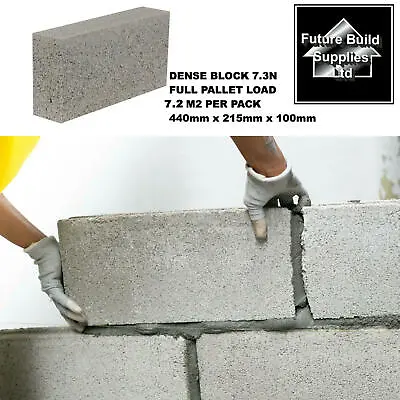 7.2m2 Full Pallet X 72 Solid Dense Concrete Block 7.3N 440mm X 215mm X 100mm  • £140.45