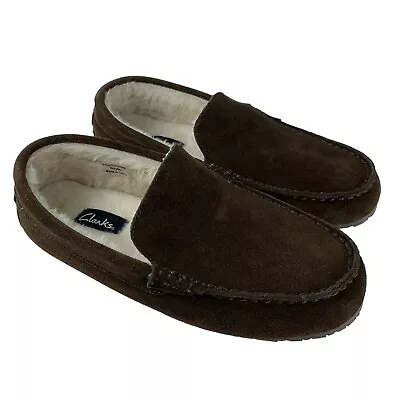 Clarks Men's Venetians Moccasin Faux Fur Lined Slippers 9M Dark Brown JMH1638 • $21.24