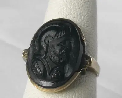 Victorian 10k Gold Black Onyx Molded Glass Cameo Warrior Soldier Portrait Ring • $279
