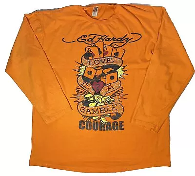 Ed Hardy Long Sleeve T Shirt Mens 3XL Orange Love Is A Gamble Cards Y2K • $29.99