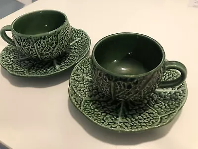 Set Of 2 Majolica Antique Secla Portugal Tea Cup And Saucer GREEN CABBAGE LEAF • $19