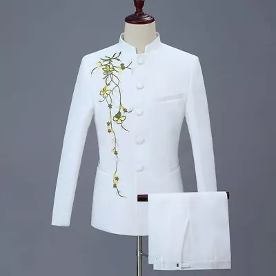 Men's Chinese Tunic Suit 2PCS Formal Dress Embroidered Costume Single Breasted • £79.79