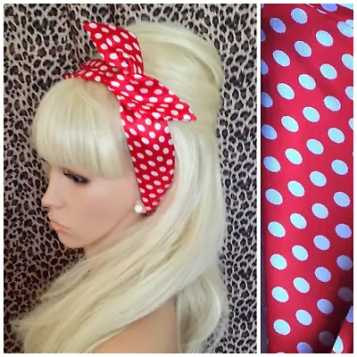 RED WHITE POLKA SPOT SATIN FABRIC BENDY WIRE BOW SCARF HAIR HEAD BAND 50s RETRO • £5