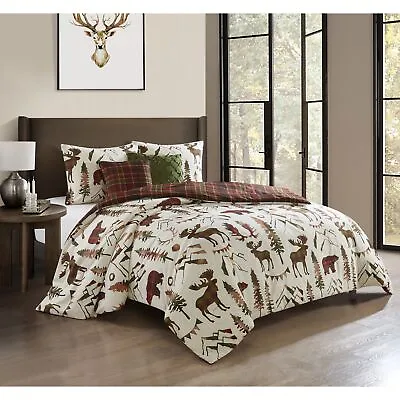 Beige Red Green Plaid Moose Rustic Lodge 5 Pc Comforter Set Full Queen King Bed • $94.90