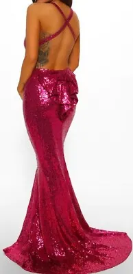 £50 • Buy New Coast Size 10 Hot Pink Sexy Open Bow Back All Over Sequin Prom Dress Was£149