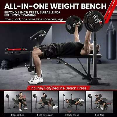 900lbs Heavy Duty Olympic Weight Bench Set+Barbell Rack&Preacher Curl Adjustable • $168.99