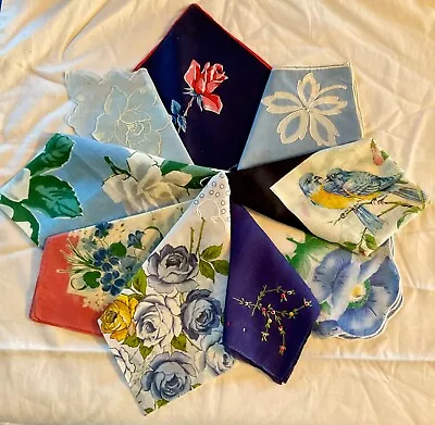 9 Blue Floral Hankies Handkerchiefs 1 Bird 5 New 3 EUC Roses Poppies Violets VTG • $14