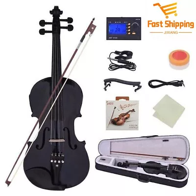 4/4 Solid Wood EQ Violin Set Case+Bow+Shoulder Rest+Tuner+Wire Black • $87.59
