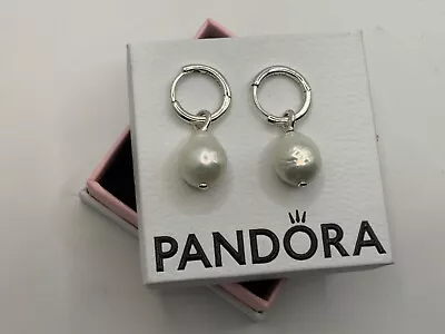 Pandora Treated Freshwater Cultured Baroque Pearl Hoop Earrings -S925 Silver • £80