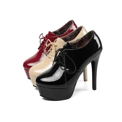Womens Round Toe High Heels Lace Up Platform Stilettos Sexy Leather Shoes Pumps  • $60.61