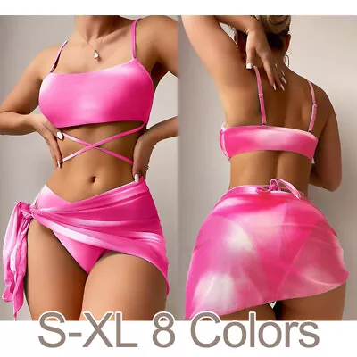 3pcs/Set Women Bikini With Skirt Swimwear Tie-dye Print Bathing Suit Sexy Bikini • £9.98