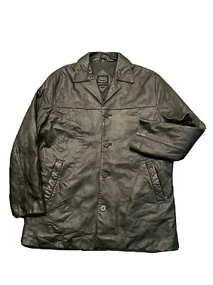 VTG Ecko Unlimited Black Leather Hip Hop Rap Retro Long Trench Coat Jacket Sz.L • $104.99