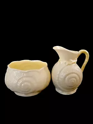 Belleek Sea Shell Creamer & Open Sugar Bowl~Ireland~Bone China~Green Mark • $34.99