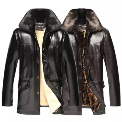 Mens Winter Warm Fur Collared Jacket Outwear Pu Leather Casual Coats Tops Biker • $51.89