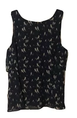 CAbi Blouse Womens Small Blouse Bird Pattern Back Zip Ruffle Semi Sheer Blue • $22.99