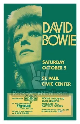 $16.99 • Buy DAVID BOWIE 1974 MINNESOTA CONCERT POSTER  11x17 DIAMOND DOGS ZIGGY POP ROCK ART