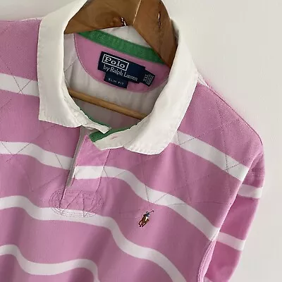 Ralph Lauren Polo Rugby Shirt Size 2XL XXL Mens Pink Striped Cotton Slim Fit • £42.95