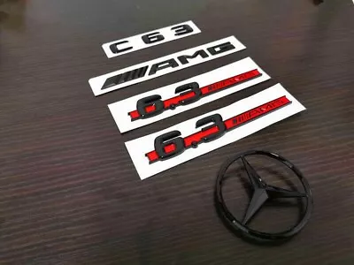 Gloss Black Red C63 AMG And Rear Star Side 6.3 AMG Emblem Badge For W204 507 • $38.79