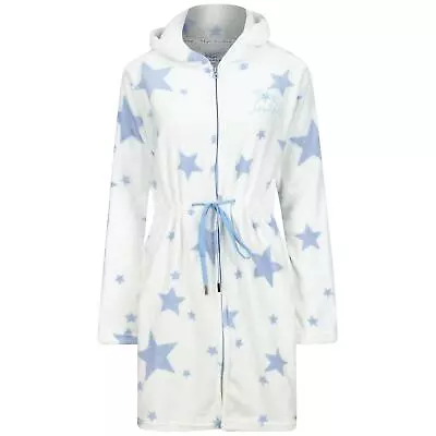 Womens Bath Robe Hooded Tokyo Laundry White Dressing Gown Blue Stars Zip Front • £24.99