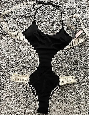 Victoria's Secret NWT Swimsuit Black Crochet  Stitched Neoprene Monokini Sz M • $52.99