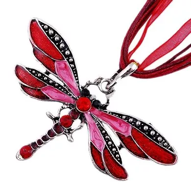 Vintage Fashion Dragonfly Pendant Necklace Chain Crystal Rhinestone Silver • £3.75